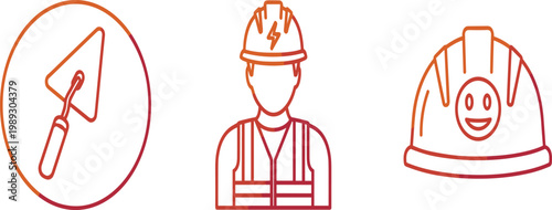 Gradient Orange Red Construction Worker, Safety Helmet, and Trowel Tool Outline Icon Set for Building and Labor Industry Design Collection