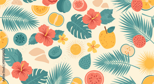 Vibrant tropical floral illustration evokes a cheerful and relaxed mood, ideal for summer marketing, website design, and social media content.