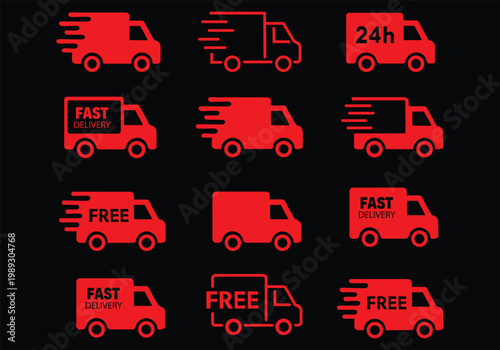Fast delivery icon set. Free shipping, express delivery, 24 hours, fast van. Truck symbol on white background - stock vector.