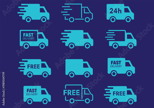 Fast delivery icon set. Free shipping, express delivery, 24 hours, fast van. Truck symbol on white background - stock vector.
