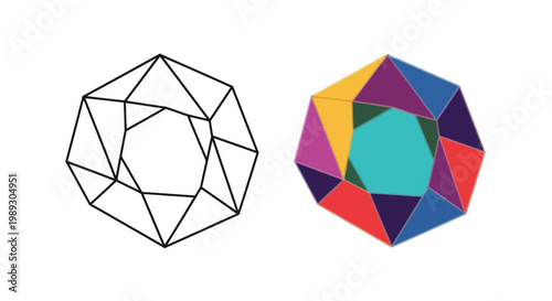 A detailed vector illustration showcasing a fascinating abstract geometric shape in two distinct styles, outline and colorful