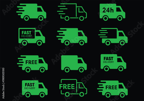 Fast delivery icon set. Free shipping, express delivery, 24 hours, fast van. Truck symbol on white background - stock vector.
