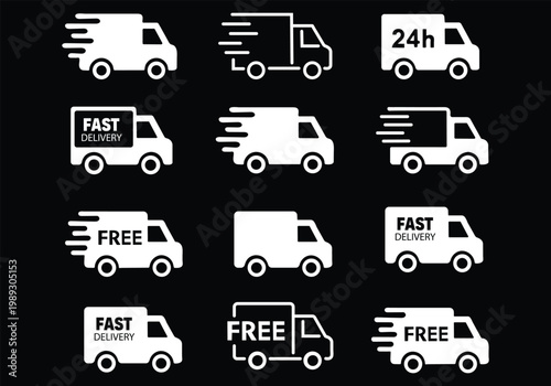 Fast delivery icon set. Free shipping, express delivery, 24 hours, fast van. Truck symbol on white background - stock vector.