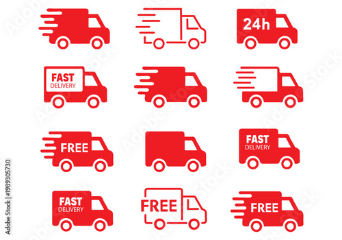 Fast delivery icon set. Free shipping, express delivery, 24 hours, fast van. Truck symbol on white background - stock vector.