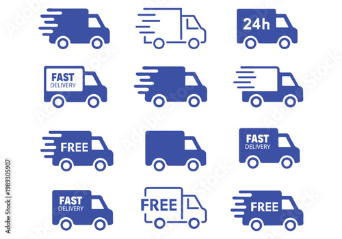 Fast delivery icon set. Free shipping, express delivery, 24 hours, fast van. Truck symbol on white background - stock vector.