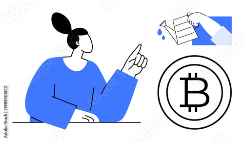Cryptocurrency, financial growth, blockchain economy, digital currency, savings innovation, decentralized finance. A person pointing with a Bitcoin symbol and a hand holding water droplets