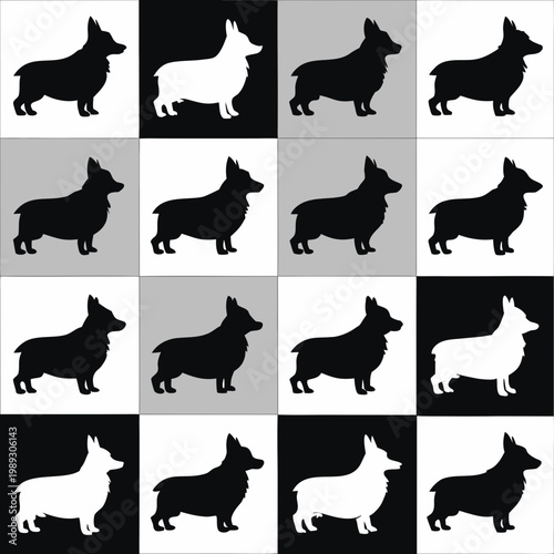 Minimalist Corgi Dog Silhouette Grid Layout Seamless Repeat Pattern Vector Isolated on White