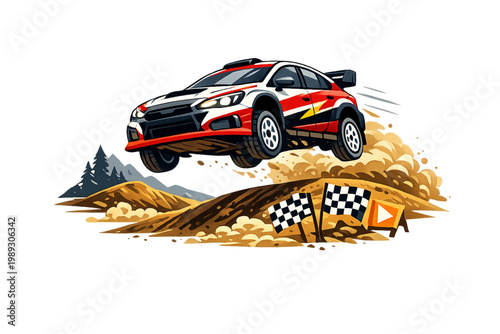 Airborne rally car over dirt hill, rally car, off-road racing, motorsport, drifting car, jump action, airborne vehicle, dirt track, rally racing, extreme sports, speed action, dynamic motion, dust tra