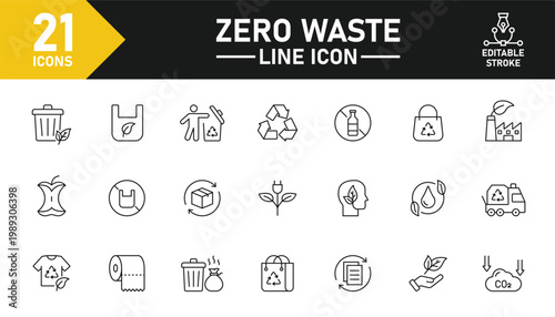 Zero waste line icon set. Set of 21 outline icons related to zero waste, eco-friendly, recycling, sustainability, waste management, green lifestyle and others. Editable stroke. Vector illustration.