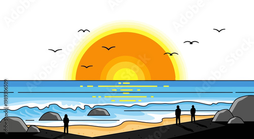 Stylized illustration of a sunset over the ocean with silhouetted figures