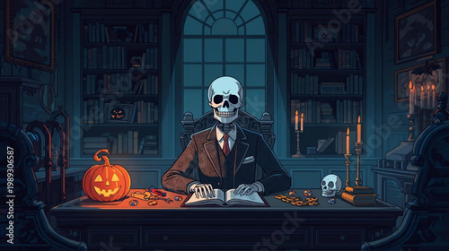 illustration of halloween decoration with a skeletal figure in a tailored tweed suit sits at a cluttered antique desk in a dimly lit study, surrounded by towering bookshelves, candles.