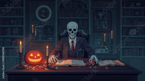 illustration of halloween decoration with a skeletal figure in a tailored tweed suit sits at a cluttered antique desk in a dimly lit study, surrounded by towering bookshelves, candles.