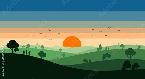 Silhouetted figures observe a vibrant orange sunset over rolling green hills