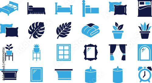 Collection of bedroom interior elements like beds, plants, curtains, and decor.