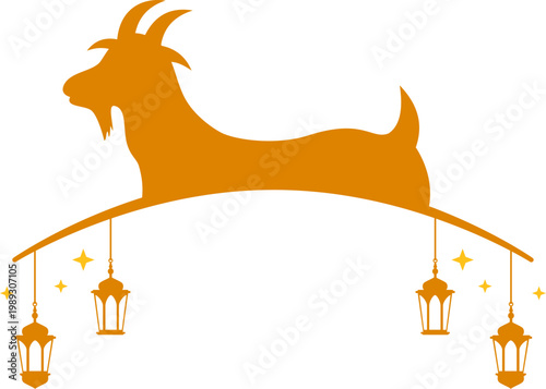 Eid al Adha Decoration. Goat Silhouette with Lanterns and Stars