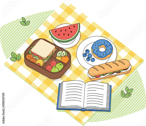 Picnic Basket with Sandwich, Watermelon, Donut, Baguette and Open Book on Checkered Blanket Vector Illustration for Summer Picnic Designs