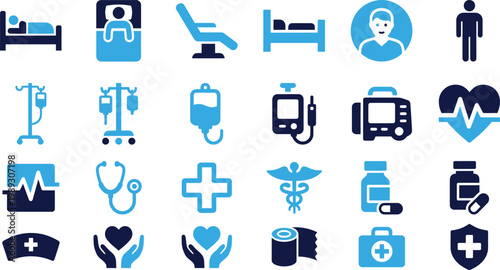 Medical icons set for hospital care and patient treatment vector collection.