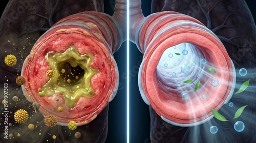 Healthy vs diseased airway comparison showing inflammation and mucus buildup
