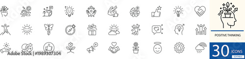 Flat line vector positive thinking icon set showing motivation, mindset, and personal growth concepts in clean minimal style. Perfect for wellness and self-development design use.