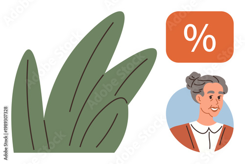 Senior care, eco-friendly shopping, discounts, retirement planning, sustainable living, savings. Green foliage, percentage icon elderly woman smiling. Senior care and eco-friendly shopping concept