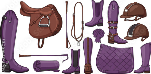 Set of 12 Equestrian Equipment Icons Including Boots, Saddle, Helmet, Whip, and Riding Gear in Purple for Horseback Riding and Equestrian Sports