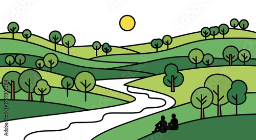 A stylized landscape with rolling hills a river and two figures