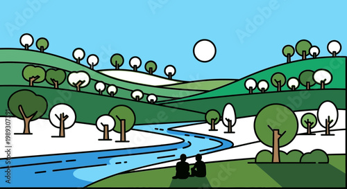 A serene landscape depicts two figures sitting by a winding river