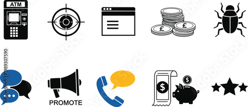 Set of Business, Finance, and Technology Icons Including ATM, Target, Webpage, Coins, Bug, Chat, Promotion, Phone, Mobile Payment, Piggy Bank, and Star Ratings in Flat Vector Style