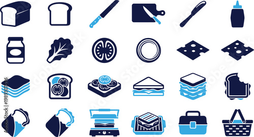 Sandwich ingredients and food icons for cooking and lunch, healthy eating and meal preparation.