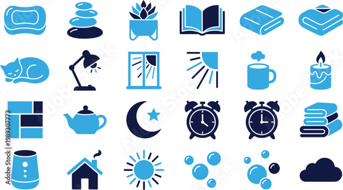 Morning routine and self care icons, sun coffee soap candle bubbles house plant.