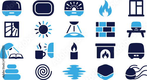 Home comfort and relaxation icons, diffuser fireplace candle book window sun stones.