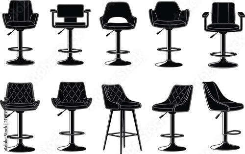 Bar stool and chair silhouettes collection, modern seating furniture set, minimal interior design illustration, stylish icons for branding and decor