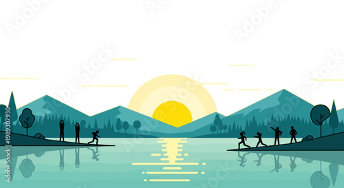Silhouetted figures running alongside a lake at sunset or sunrise