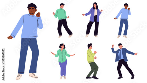 Flat illustration set of diverse people dancing in different poses and styles. ideal for concepts of fun, activity, lifestyle, music, celebration, happiness and social interaction.