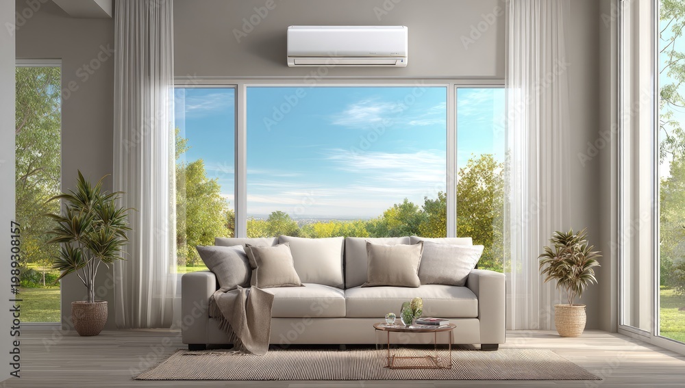 Fototapeta premium Modern living room with beige sofa and air conditioner