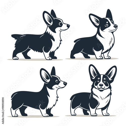 Set of Minimalist Pembroke Welsh Corgi Dog Silhouettes in Various Poses Vector Icons Isolated on White