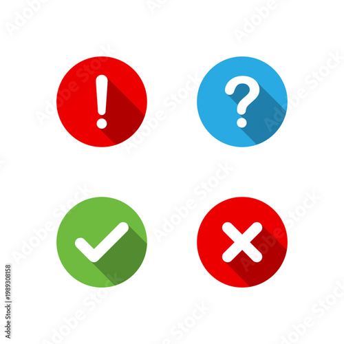 Exclamation, question, check, and cross mark icon with long shadow. Attention, inquiry, approve, and reject symbol