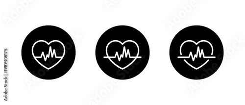Heart pulse outline icon with ECG waveform. Cardiology and health monitoring symbol in black circle