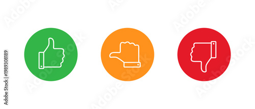 Thumbs up, sideways, and down outline icon in flat design. Like, neutral, and dislike symbol
