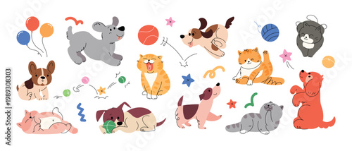 Collection of playful cat and dog with smiling, running and jumping. Flat doodle cartoon vector illustration.