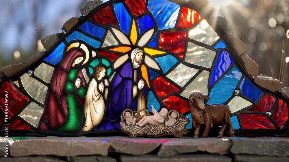 Fototapeta premium Stained Glass Nativity Scene with Baby Jesus, Mary, Joseph, and Animals in Soft Natural Light