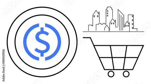 Digital transactions, urban economy, online shopping, financial technology, e-commerce, and city development. A blue dollar symbol, a city skyline and a shopping cart. s digital transactions