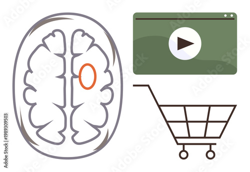 Consumer behavior, e-commerce, online media, marketing strategies, cognitive research, neuromarketing. Brain, video player shopping cart symbols. E-commerce and online media conceptual theme