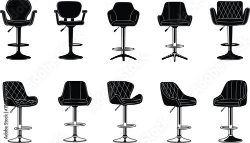 Modern bar stool chair silhouettes set collection vector illustration minimalist furniture design black icons isolated on white background stylish contemporary