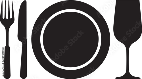 Restaurant Place Setting Icon Black Vector Illustration of Plate Fork Knife and Wine Glass Isolated on White