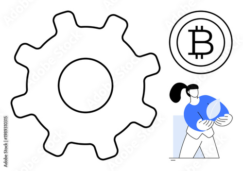Cryptocurrency, sustainable energy, blockchain innovation, renewable resources, fintech, eco-conscious technology. Gear icon, Bitcoin logo and woman holding a leaf. Cryptocurrency and sustainable