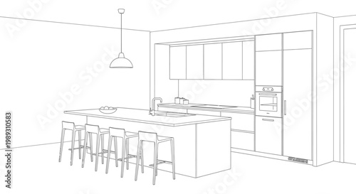 Modern Kitchen Interior Design Outline Drawing with Island and Stools – Architectural Blueprint Sketch and Concept