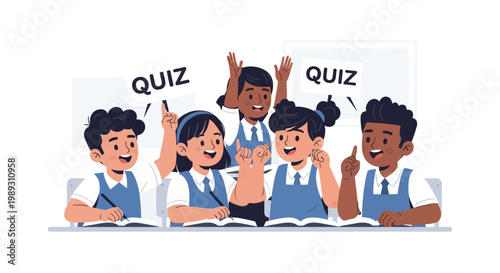 A group of excited student children participating in a quiz competition