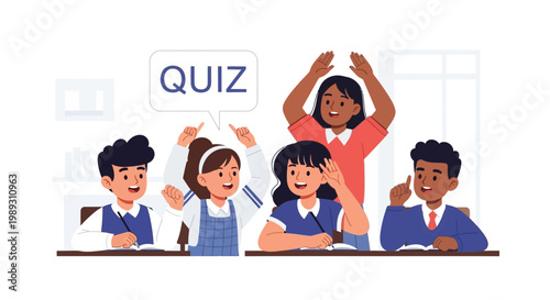 Students in a classroom setting participate in a quiz with one excited