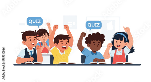 Students participate in a classroom quiz event with raised hands